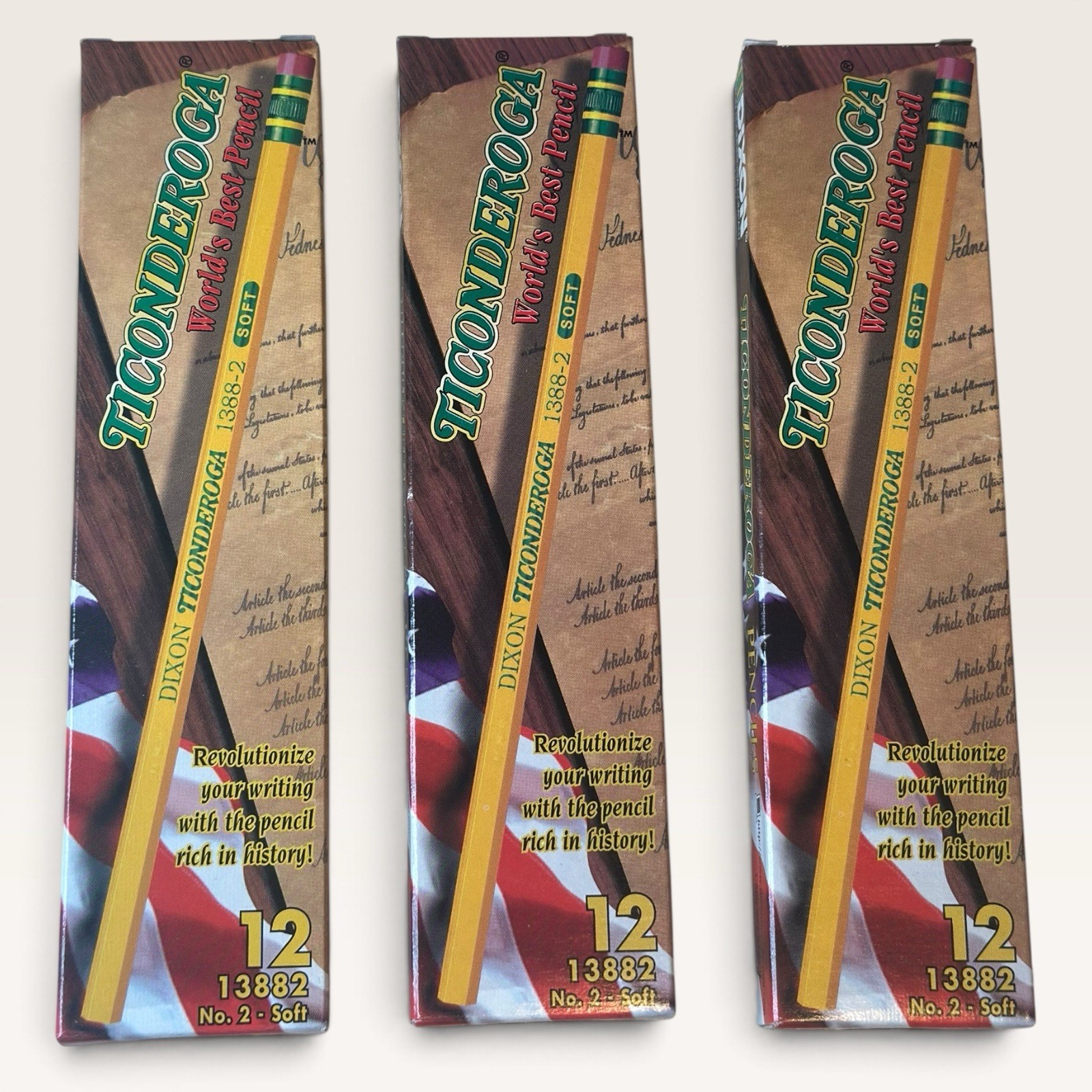 Lot 3 Vintage Dixon Ticonderoga Pencil 13882 No. 2 Soft 12 Count USA NIB NOS