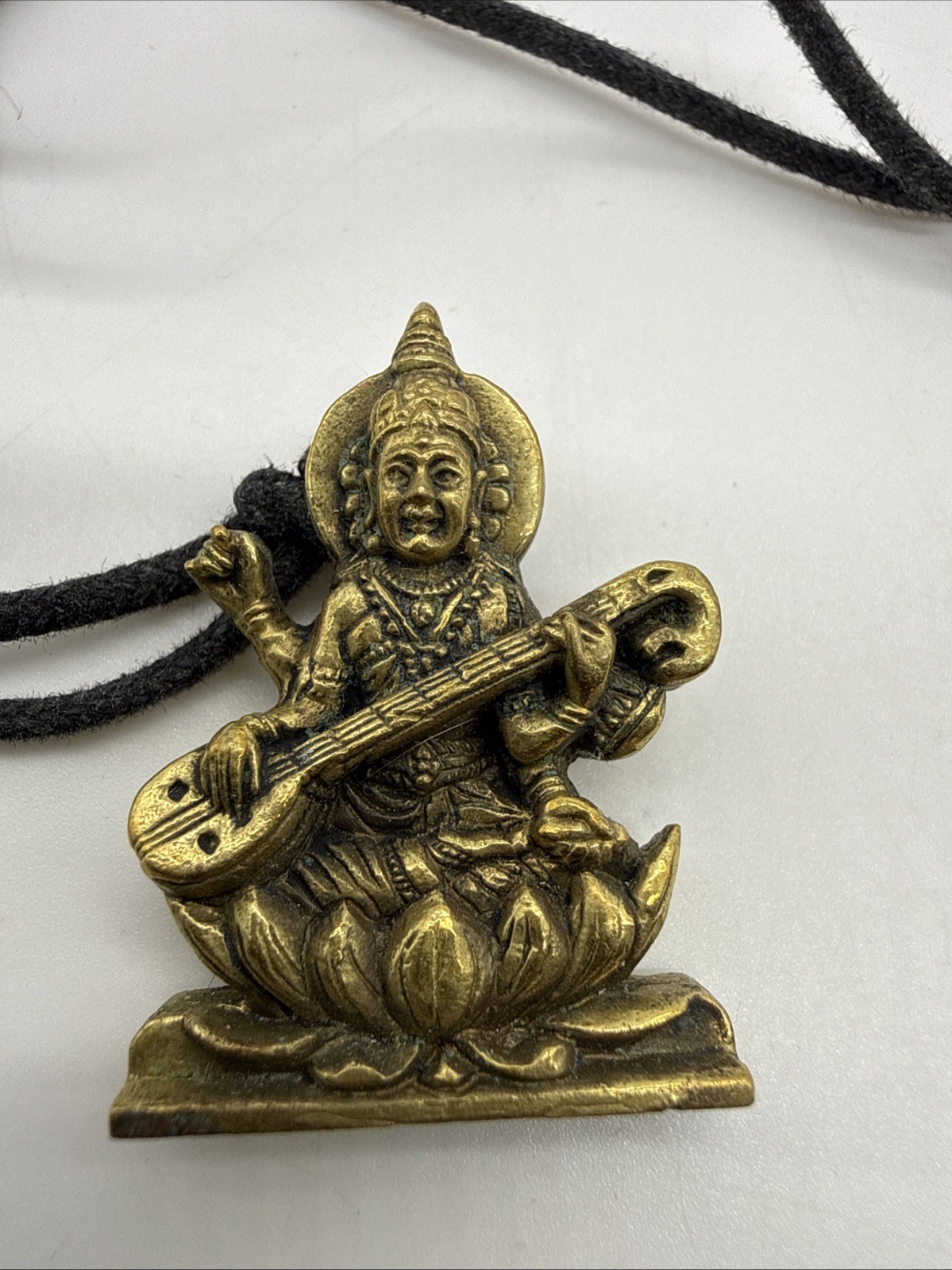 Ebros Vastu Hindu Goddess Saraswati On Lotus Playing Veena Guitar Necklace Brass