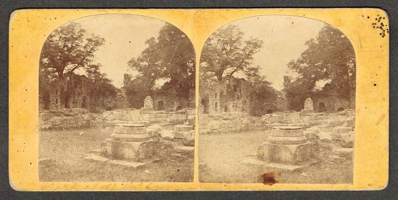 b428, W Woodward Stereoview, #129, Kirkstall Abbey from the Hospitium, UK, 1860s