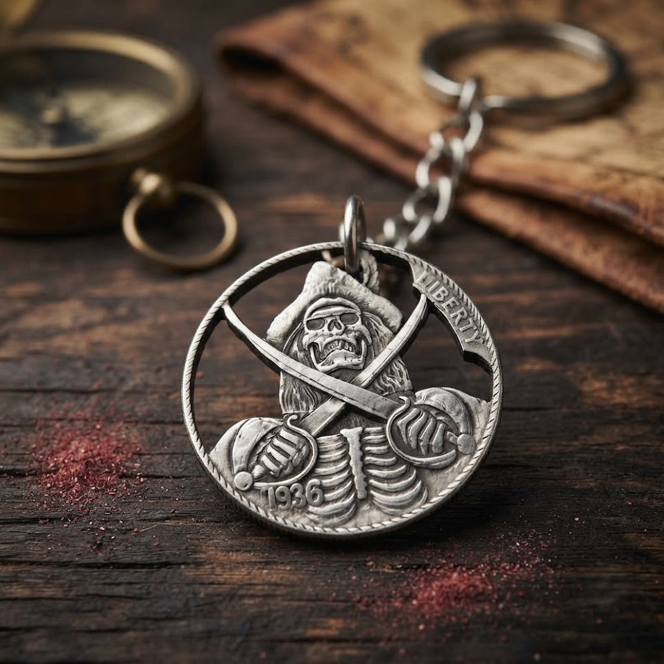 1936 Hobo Nickel Cut Coin Keychain Skull Pirate Battle Captain Skeleton Ocean