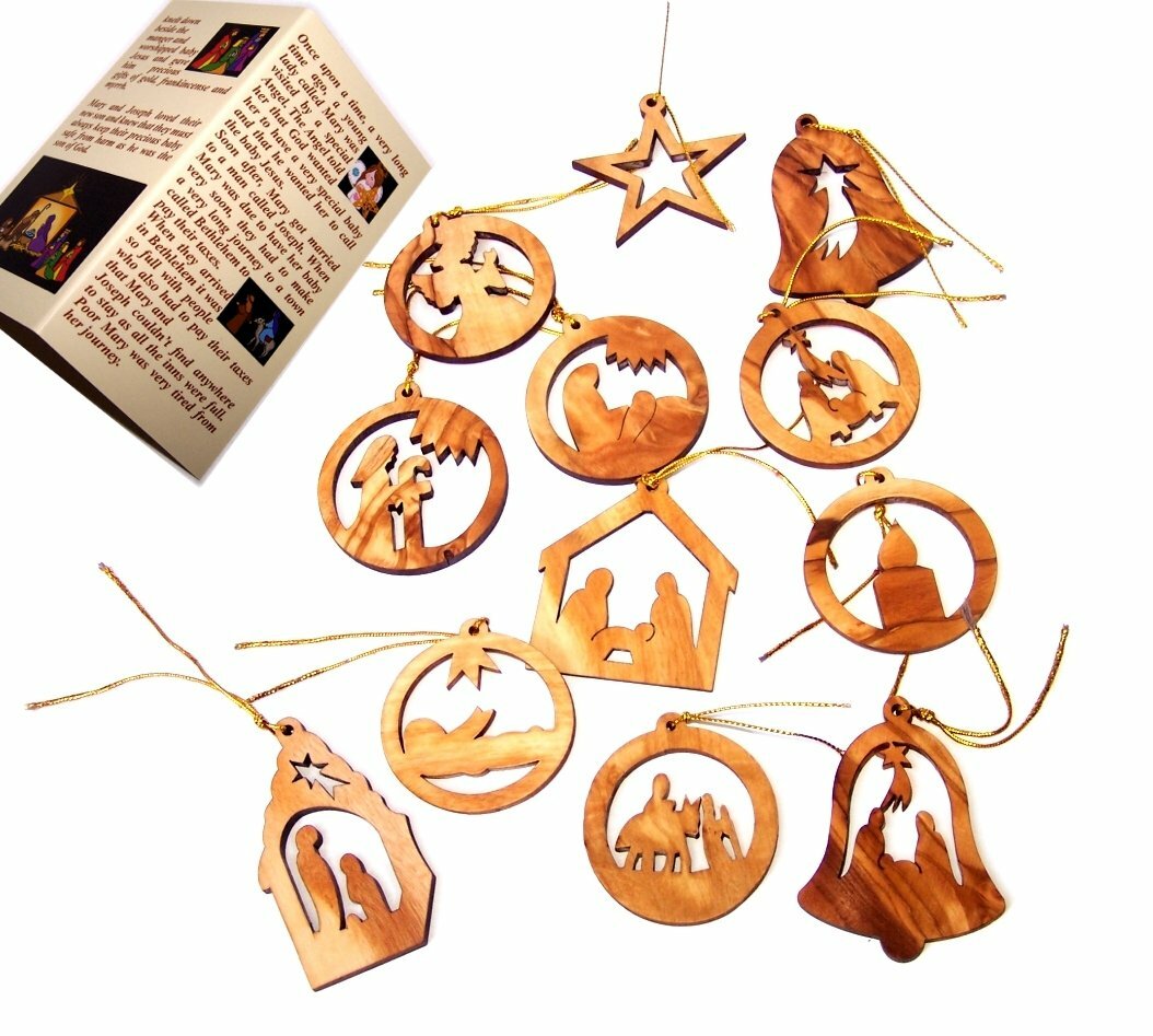 Olive Wood Ornaments - Mix (Set of 12 Flat Ornaments).