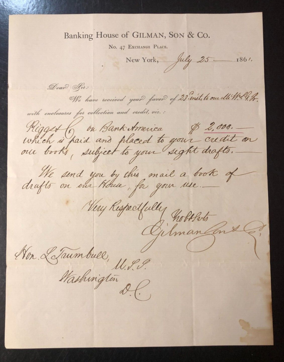 1861 Sen. Lyman Trumbull Signed Letter - Abraham Lincoln Ally on 13th Amendment