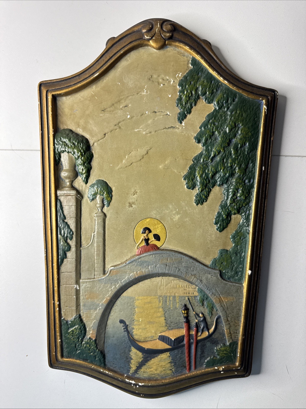 1920s Rich-Craft Studios Kraftrok Venice Gondola Chalkware Wall Plaque Art Deco