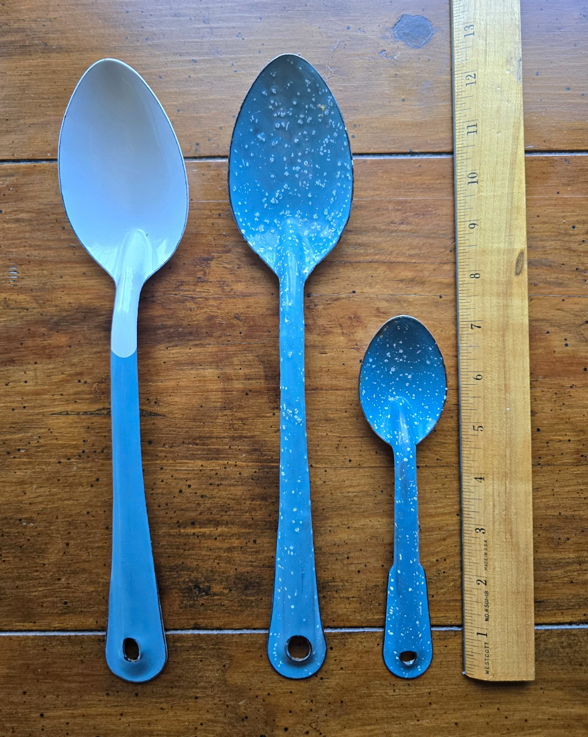 3 Vintage Turquoise Enamel Spoons - Speckled Graniteware & Solid Basting Lot