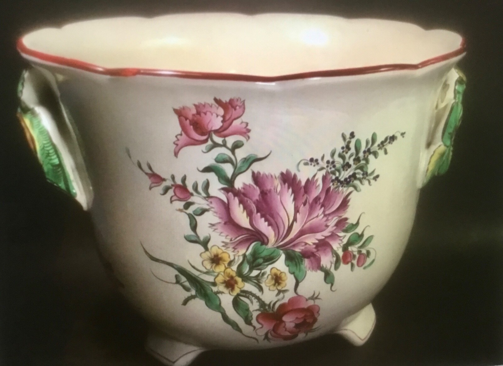 Beautiful Antique French Hand Painted Cache Pot Planter Floral Theme