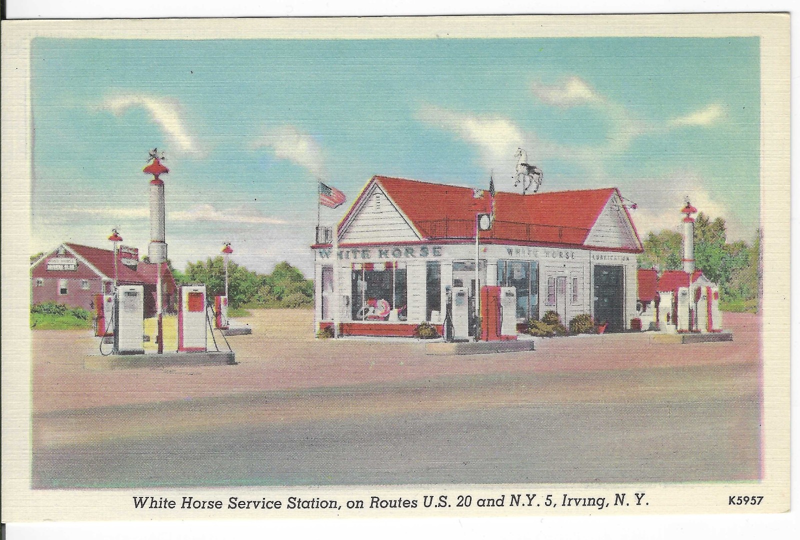 Irving, New York, White Horse Service Station, Gas Pumps, Gas Station, Postcard Irving, New York, White Horse Service Station, Gas Pumps, Gas Station, Postcard