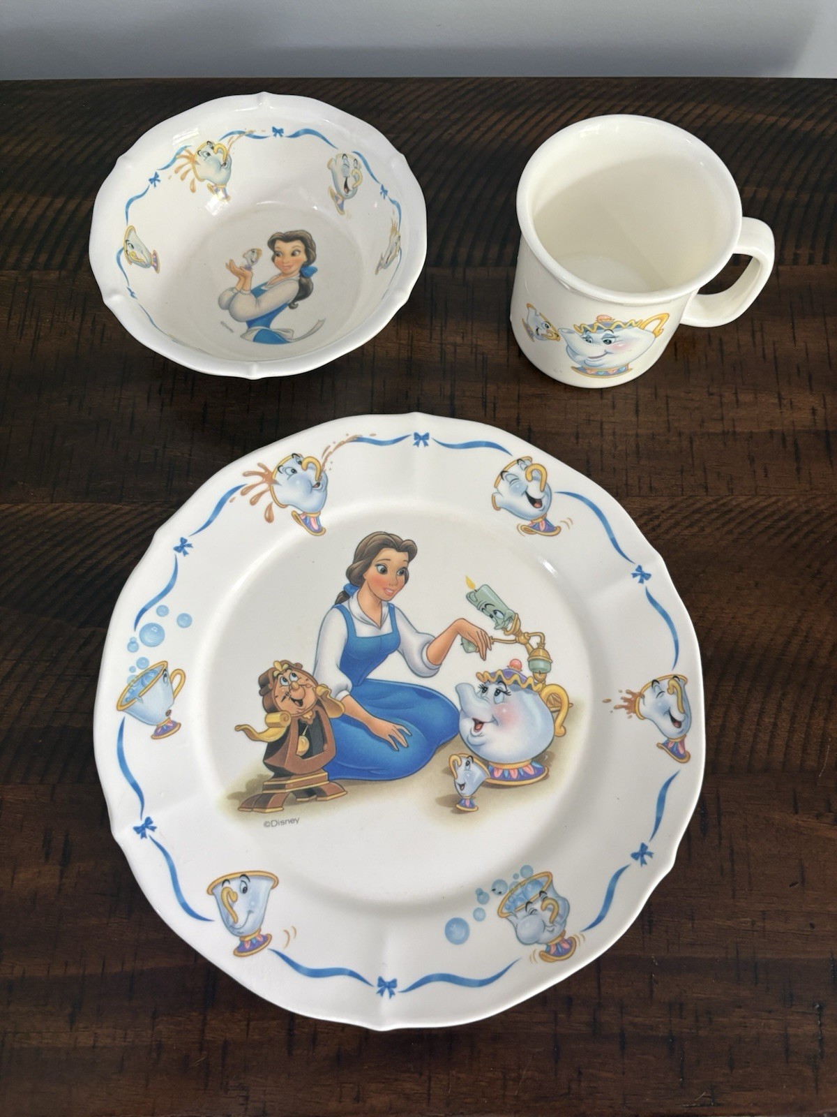 Vintage Selandia Disney Beauty & The Beast Kids Melamine Plate, Bowl, Mug EUC
