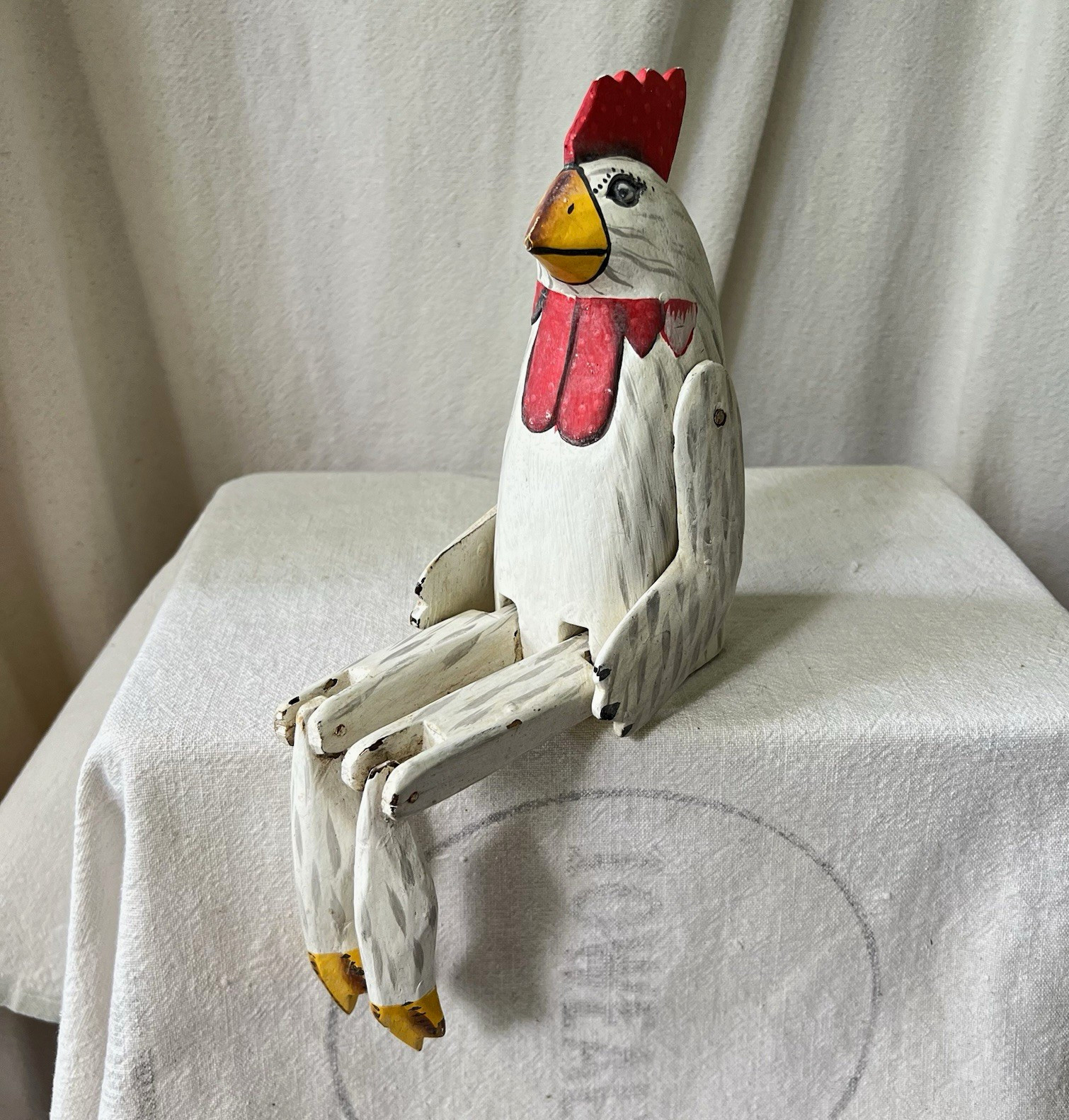 Hand Painted Carved Wooden Rooster Chicken VTG Figurine with Articulated Legs