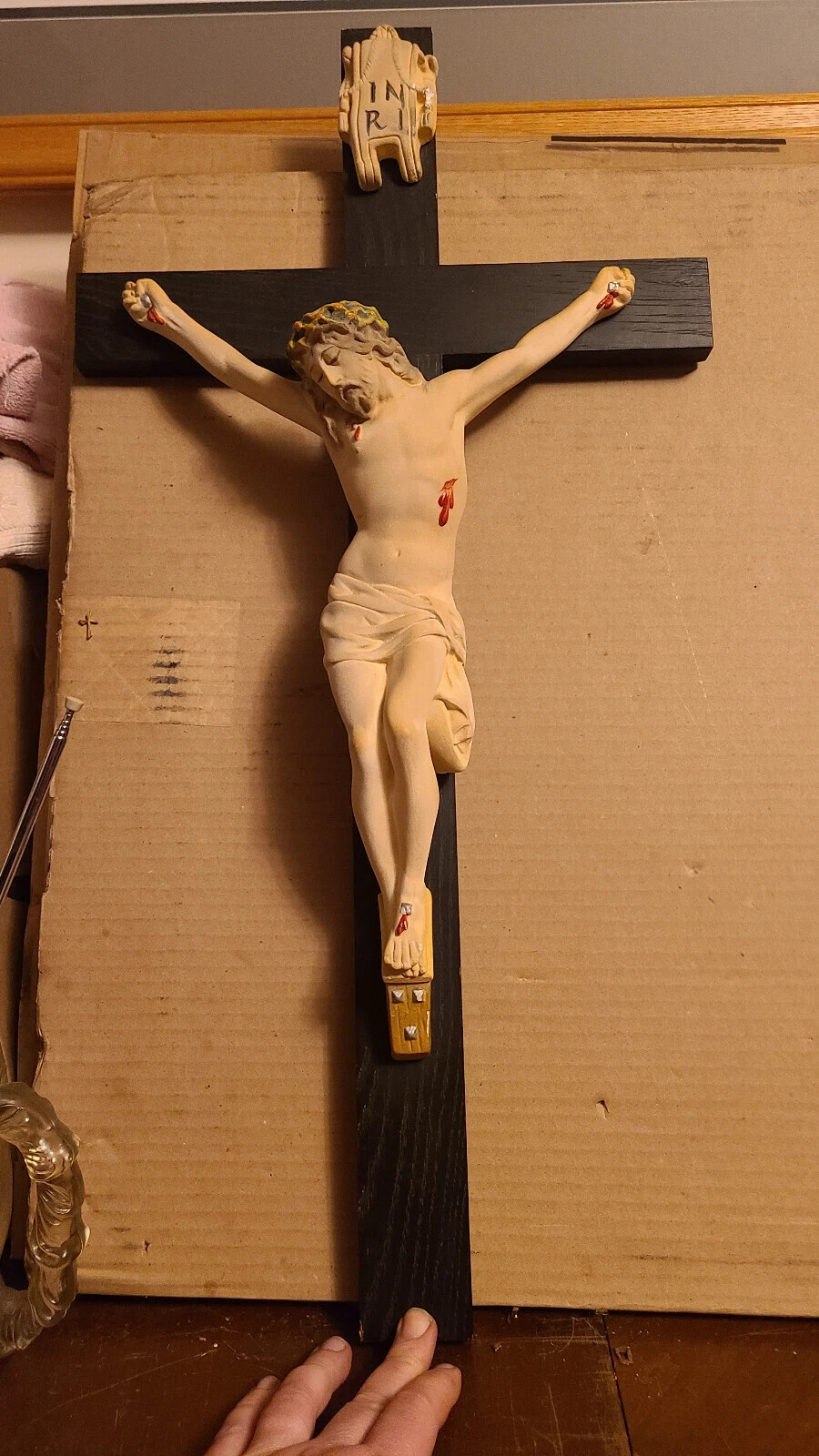 Large Lovely Luminous Crucifix Cross - Christ Jesus Wood Chalkware 28x14