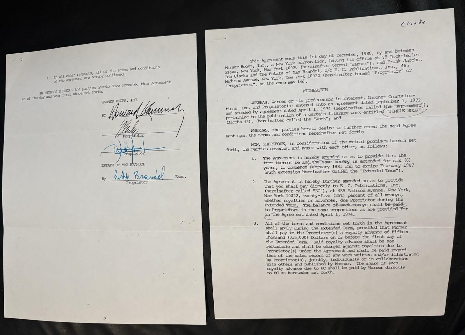 EC Comics Mad Magazine Writer Frank Jacobs Artist Bob Clarke Signed Contract