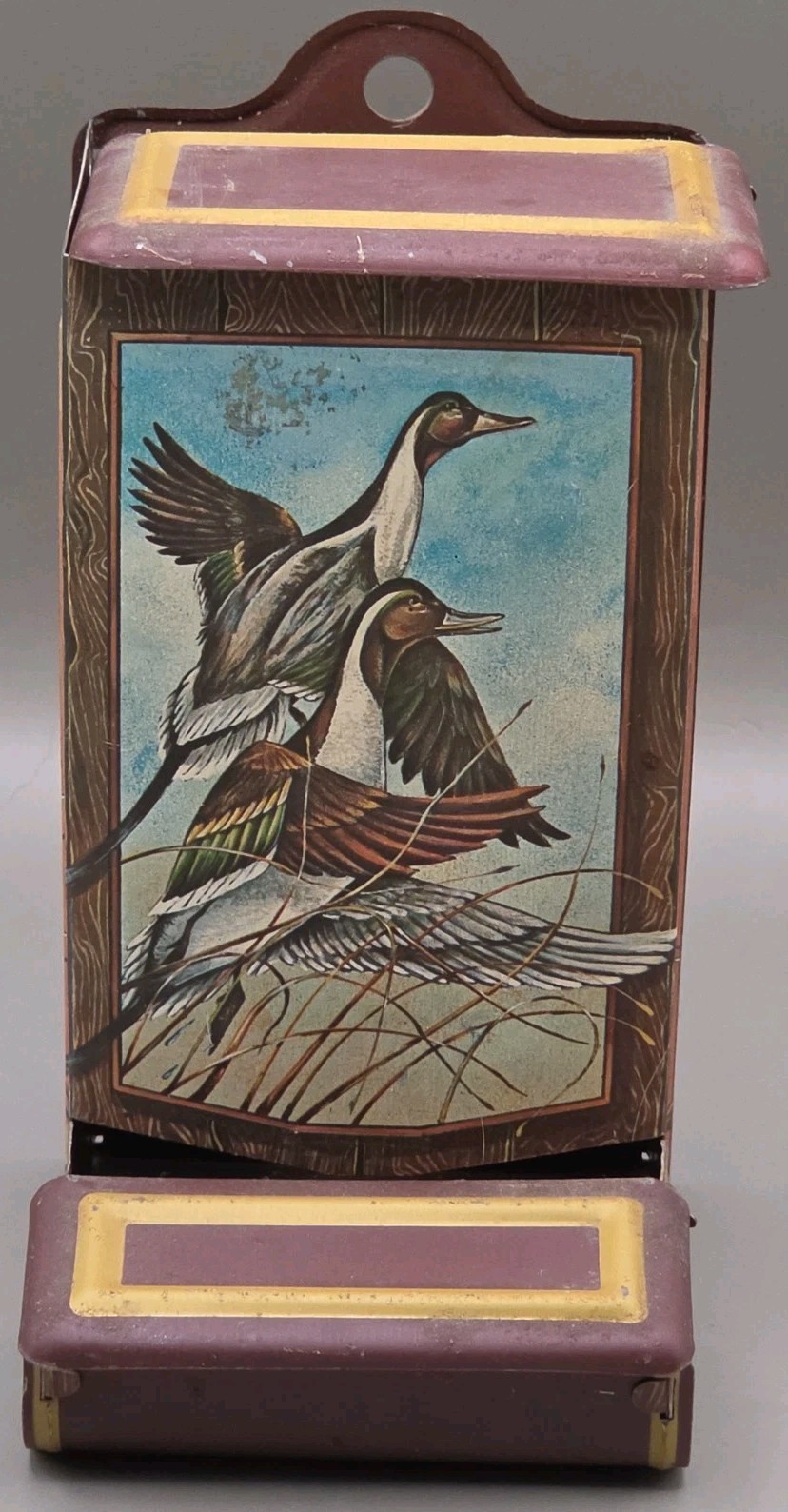 Vintage JASCO Match Safe Holder Keeper Metal Wall Hung Box Duck Theme (A)