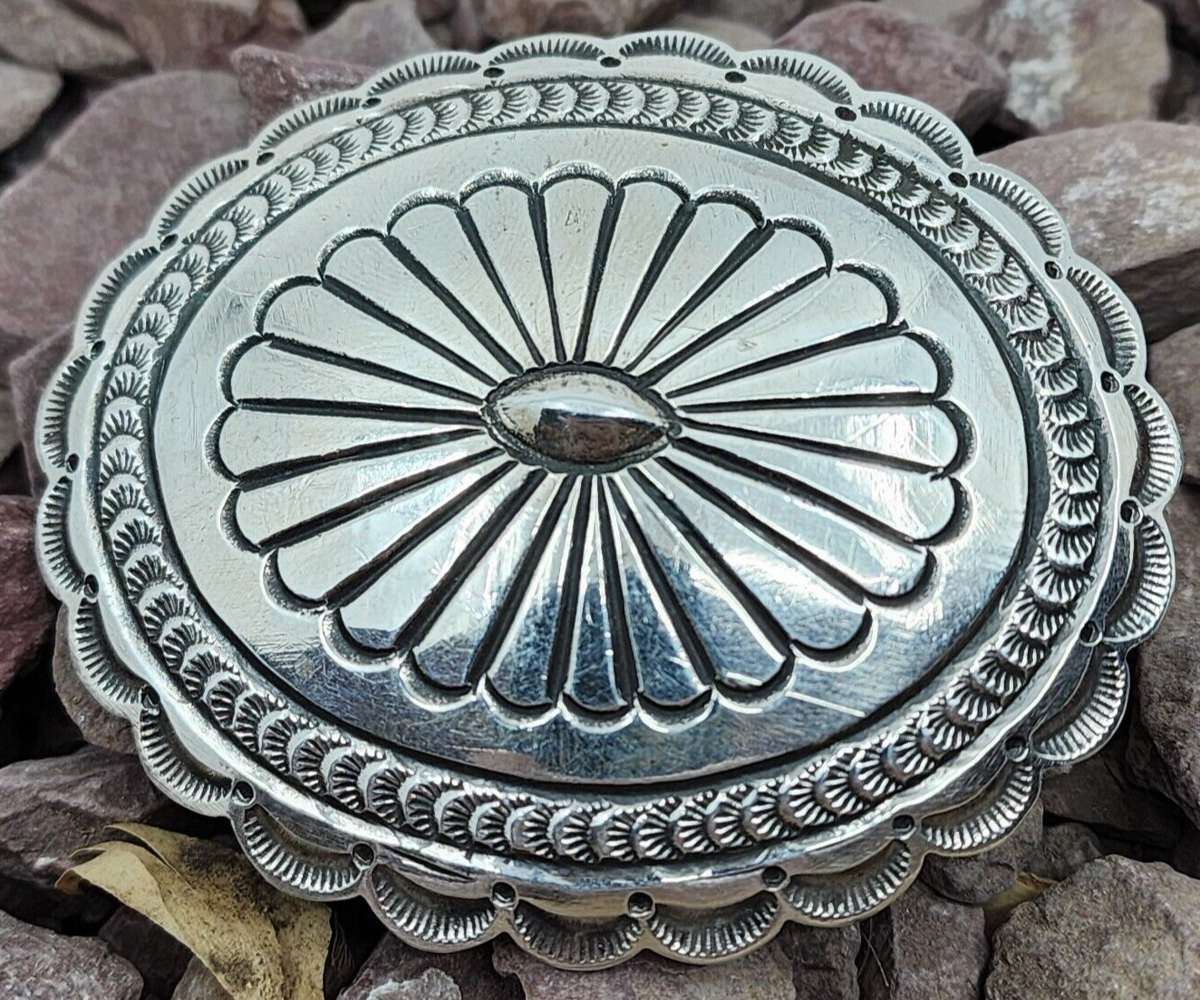 Leonard Maloney Navajo Vintage Hand Tooled Sterling Silver Concho Belt Buckle
