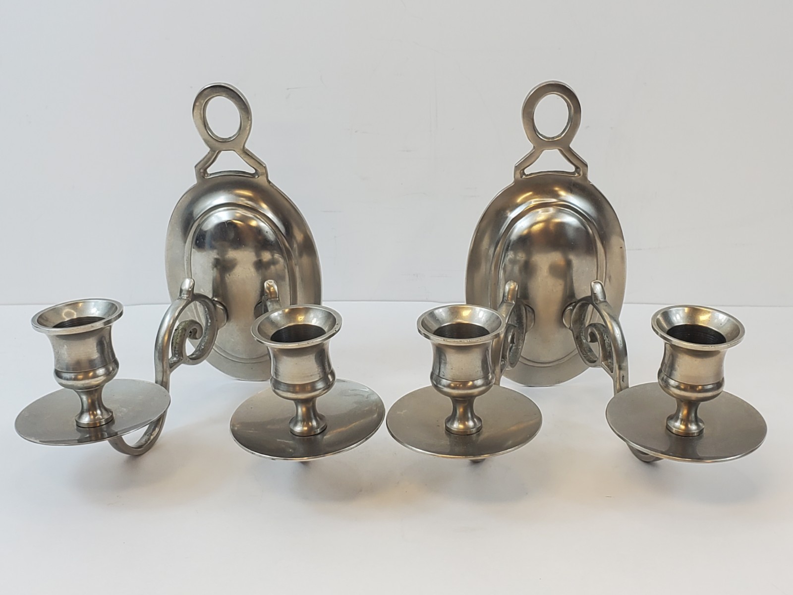 Vintage Pewter Double Arm Wall Sconce Candle Holders Brushed Metal Finish Set