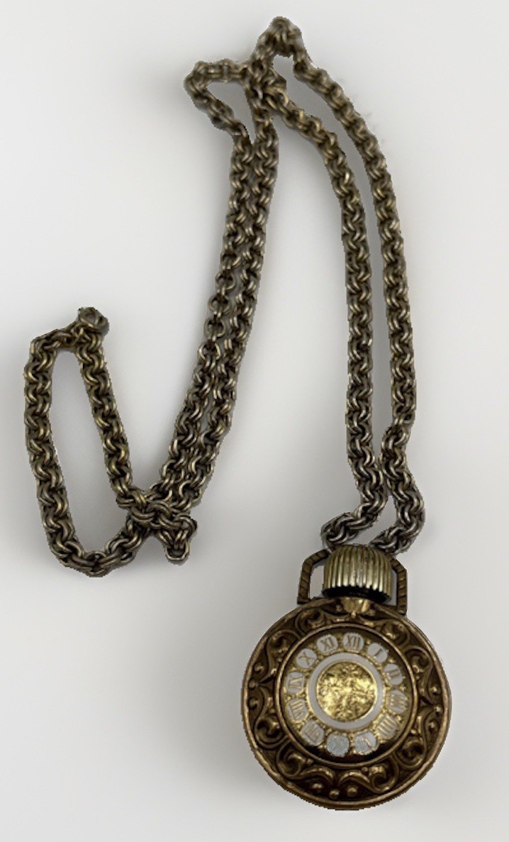 VItg Avon Perfume Bottle Necklace Clock Charn Long Gold Tone Chain Pre-owned 32\