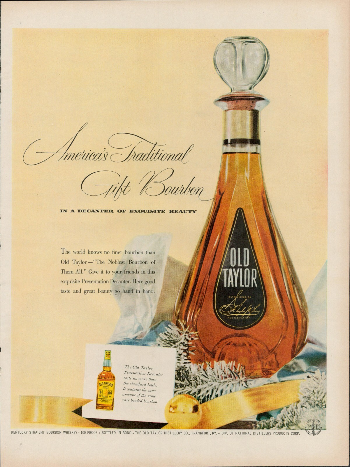 1955 Old Taylor Kentucky Straight Bourbon Whiskey Vintage Print Ad Gift Decanter