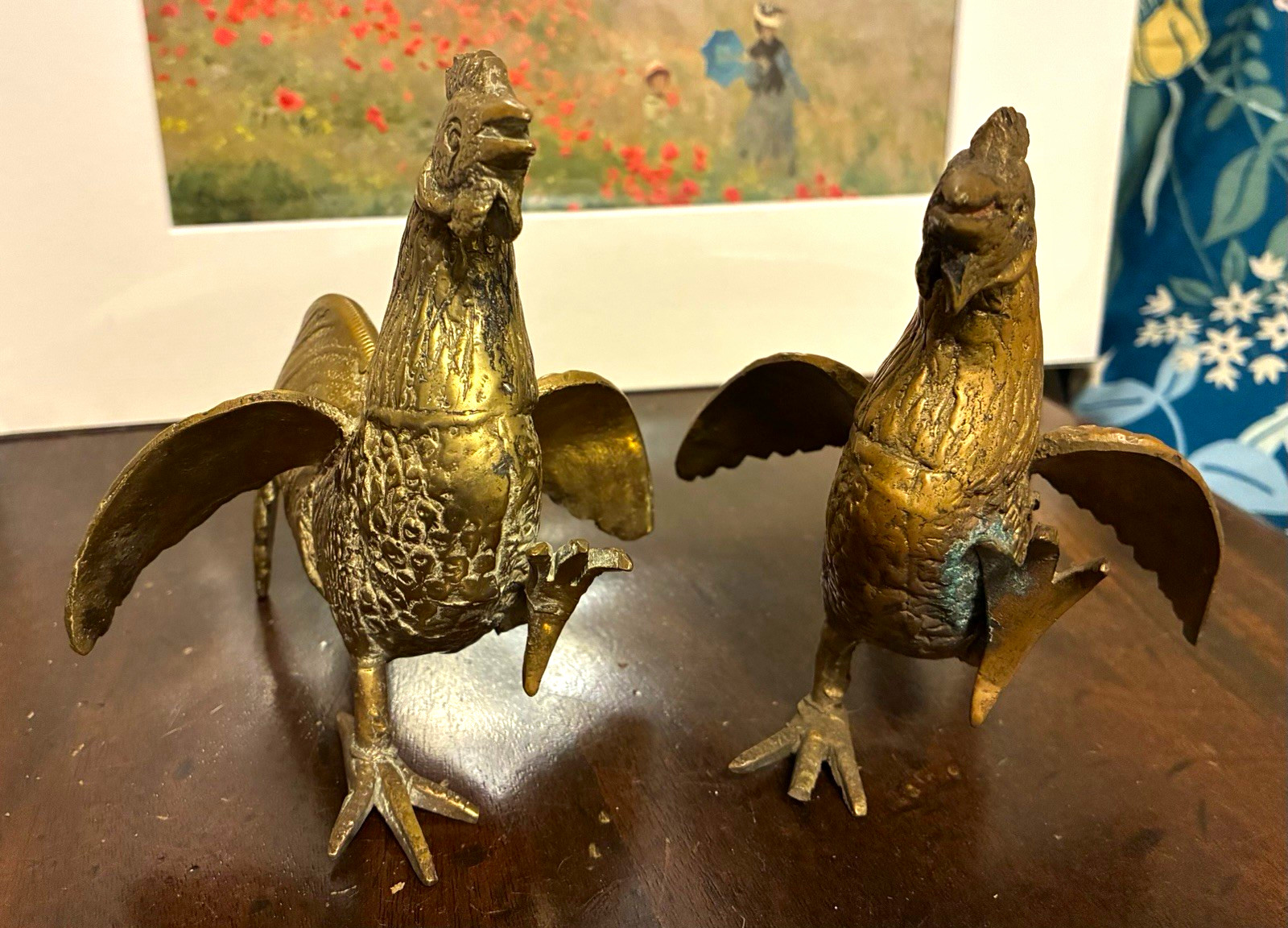 Pair of brass fighting Rooster Figurines with Wings Spread