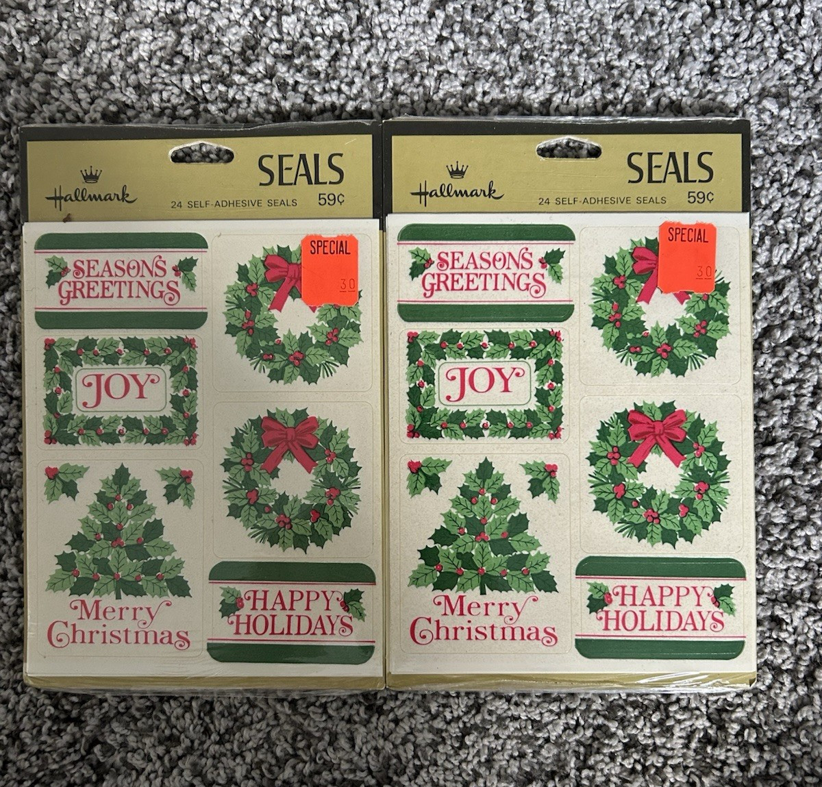 New NOS Hallmark Seals 24 Self Adhesive Seals \'70s ? Made USA / 2 Sealed Packs ￼