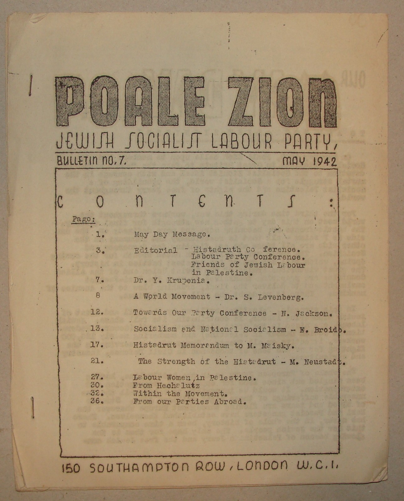 Jewish Socialist Labour Party Movement 1942 WWII London POALE ZION Bulletin