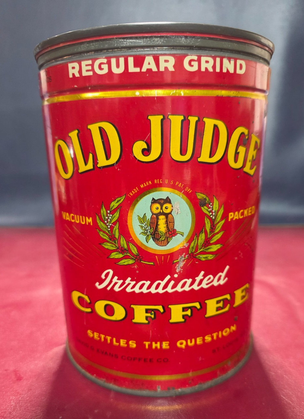Vintage Old Judge Coffee Tin w/ Embossed Lid 2 lb Owl Logo David EVANS St Louis