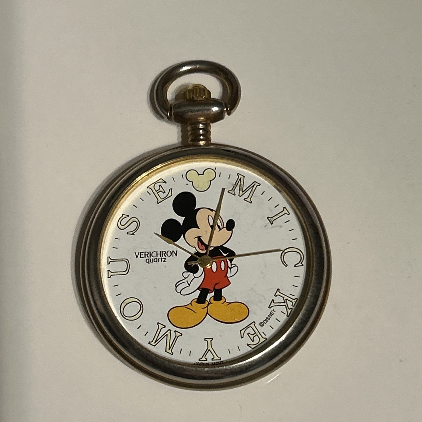 Vintage Verichron Mickey Mouse Quartz Pocket Watch Gold Tone As Is Parts No Glad