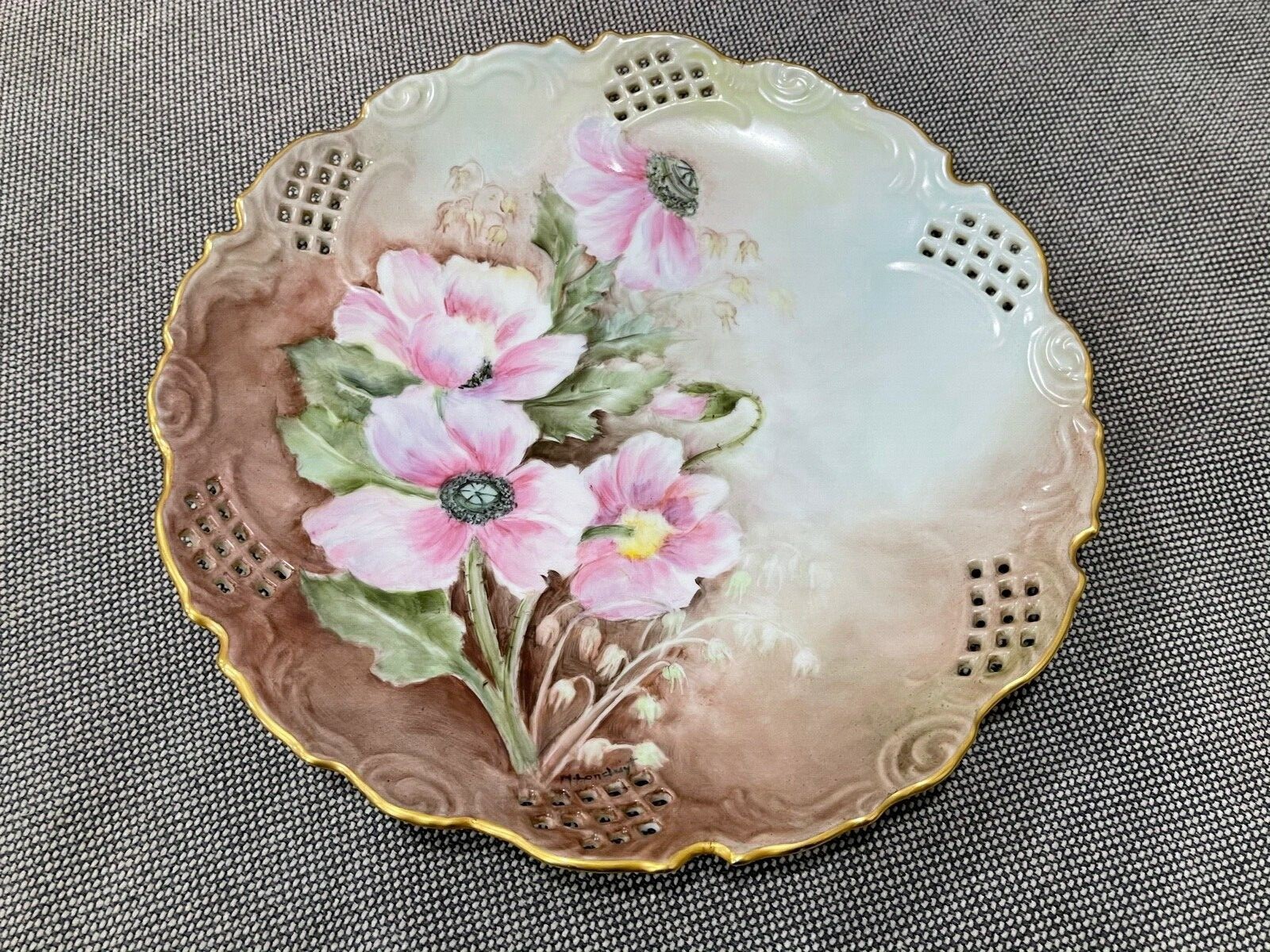 Antique Pierced Porcelain Cabinet Plate w/ Pink Flowers Signed M. Landuyr