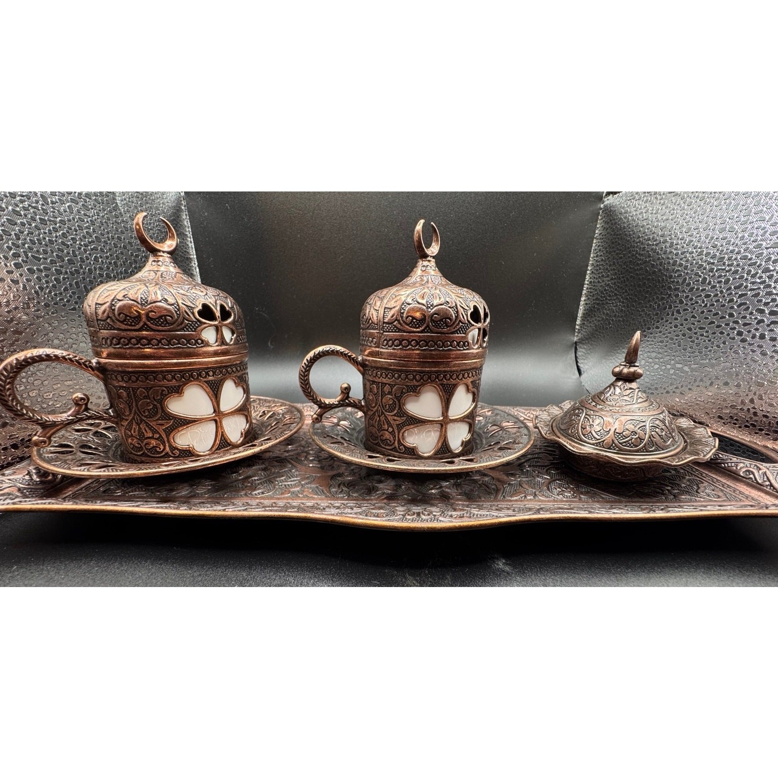 SENA Turkish Luxury Coffee Set for 2 Copper Tone 11 Pc Cups Tray Made in Turkey