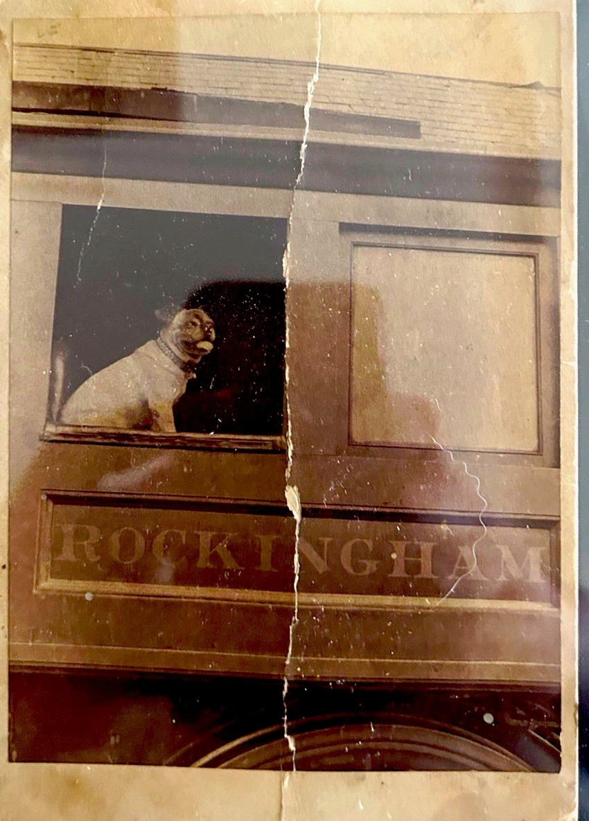 Antique Railroad Train Photo ROCKINGHAM Bulldog Dog in Window Vernacular RPPC Antique Railroad Train Photo ROCKINGHAM Bulldog Dog in Window Vernacular RPPC