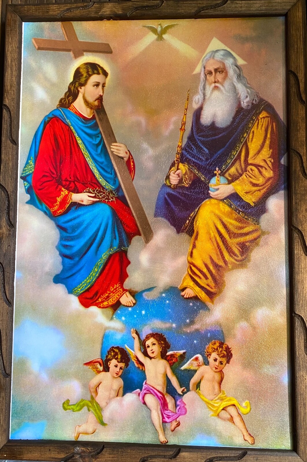 Santísima Trinidad 36”X24” Cuadro Rustico, Padre Hijo Y Espiritu Santo, New