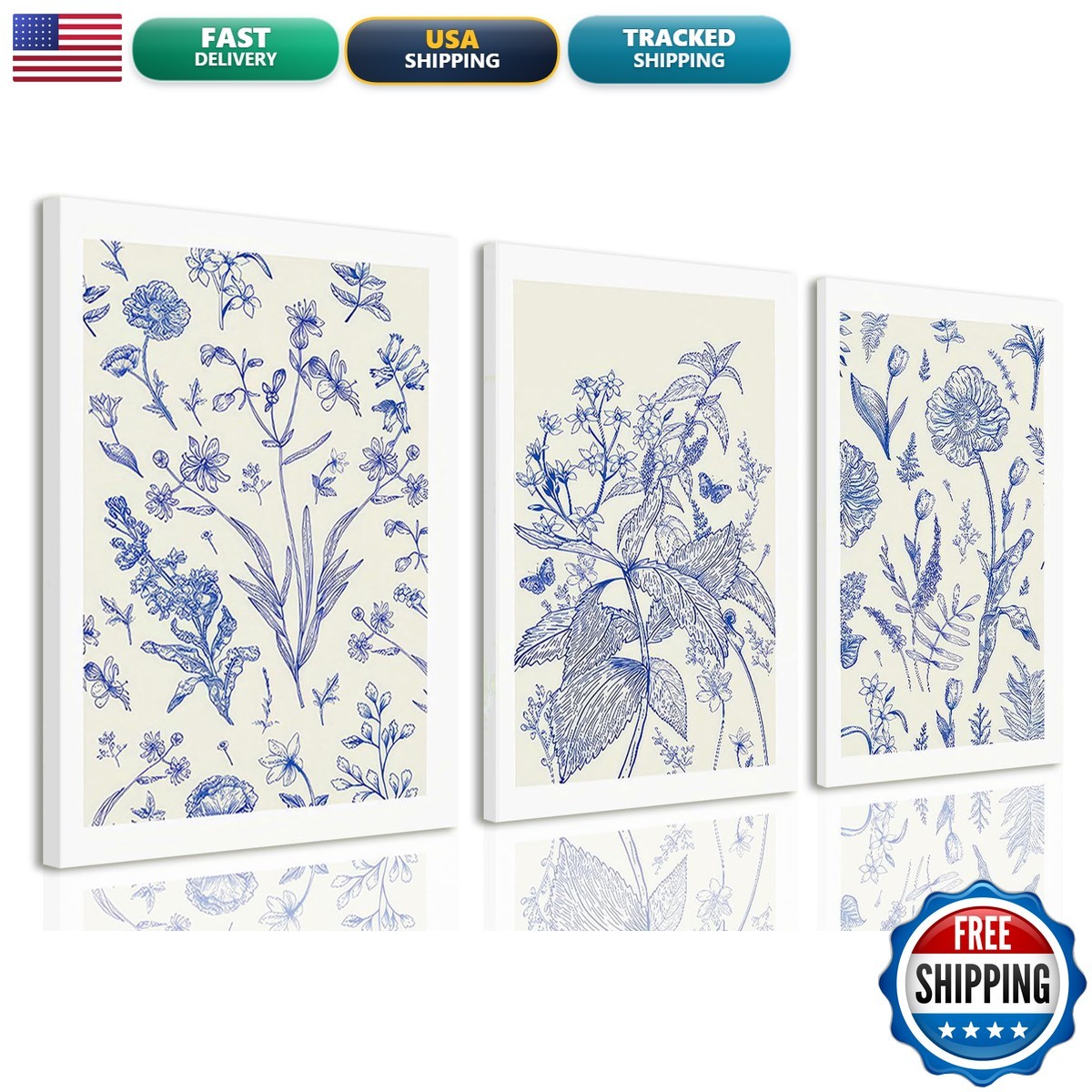 LYPHNX Framed Blue White Chinoiserie Floral Canvas Wall Art Set of 3 16\ LYPHNX Framed Blue White Chinoiserie Floral Canvas Wall Art Set of 3 16\