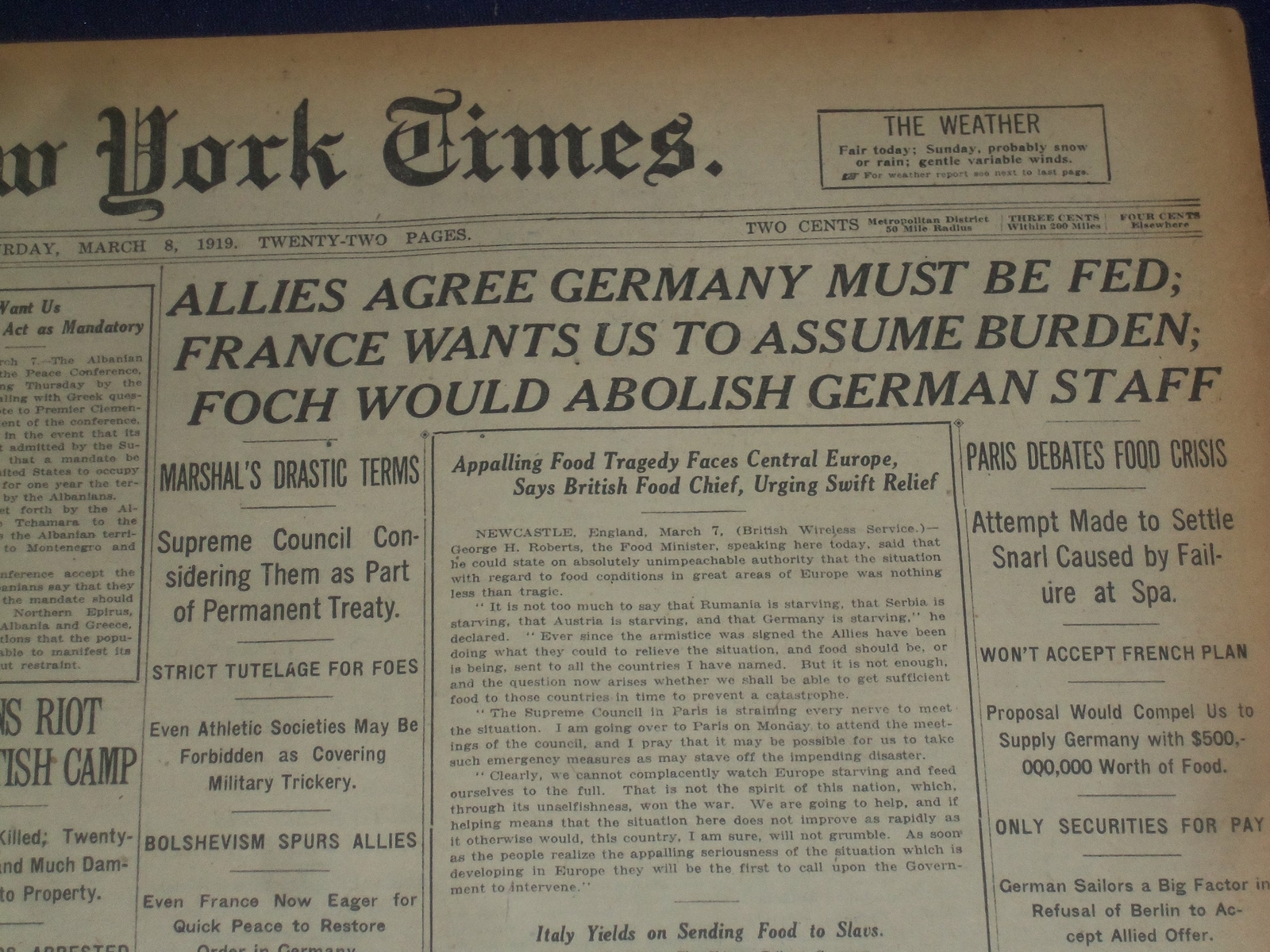 1919 MARCH 8 NEW YORK TIMES - ALLIES AGREE GERMANY MUST BE FED - NT 9269