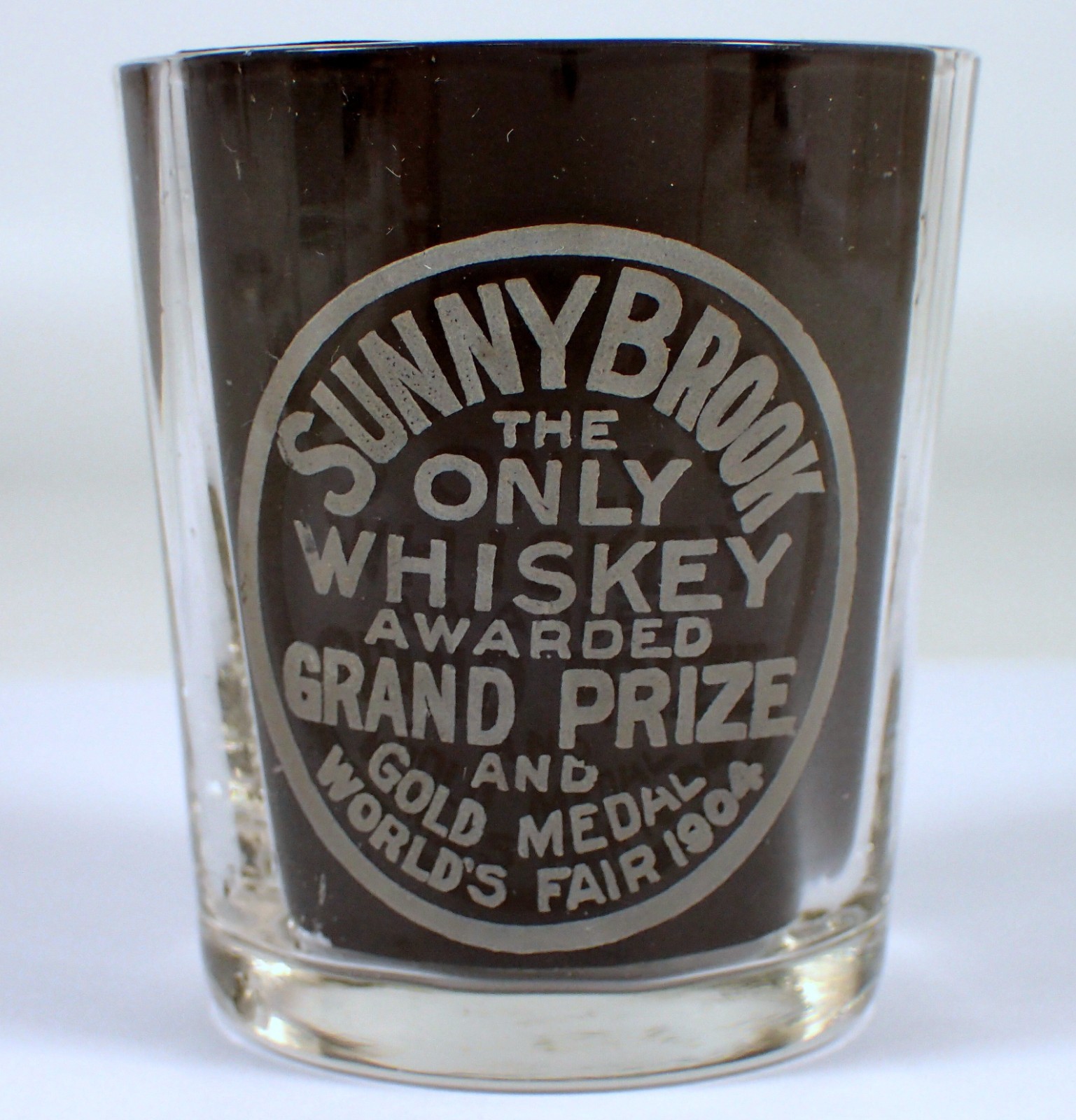 Antique Shot Glass Pre-Prohibition SUNNY BROOK Grand Prize Whiskey Acid Etched
