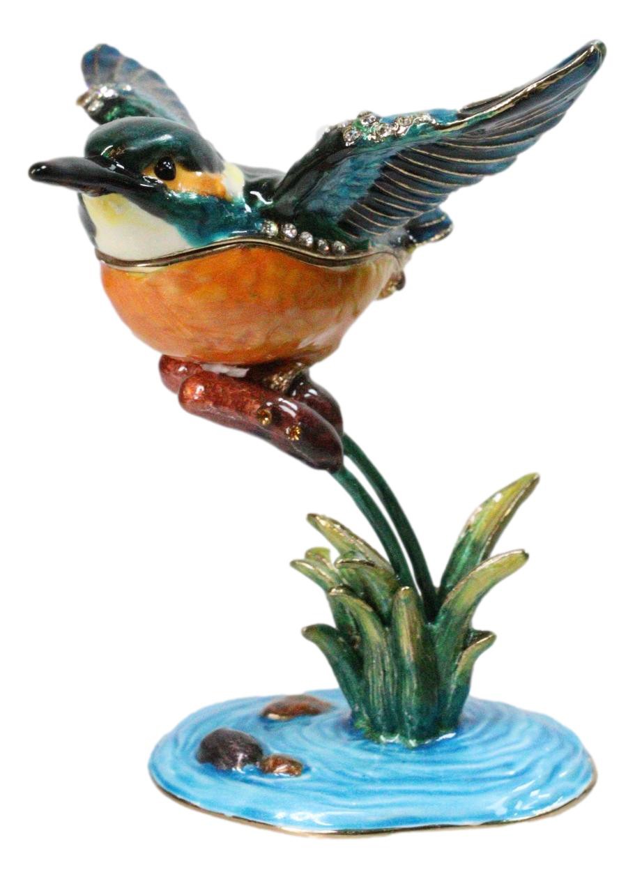 Blue Kingfisher Bird Pewter Austrian Crystals Jeweled Trinket Jewelry Box