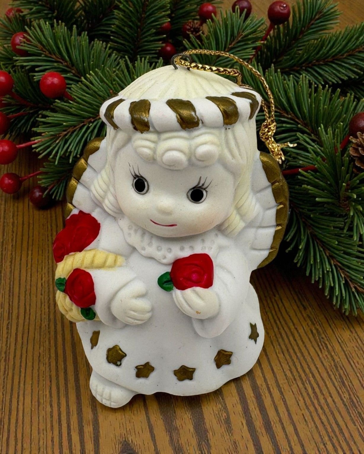 Christmas Angel Bell Ornament Porcelain Red Roses White with Gold Trim