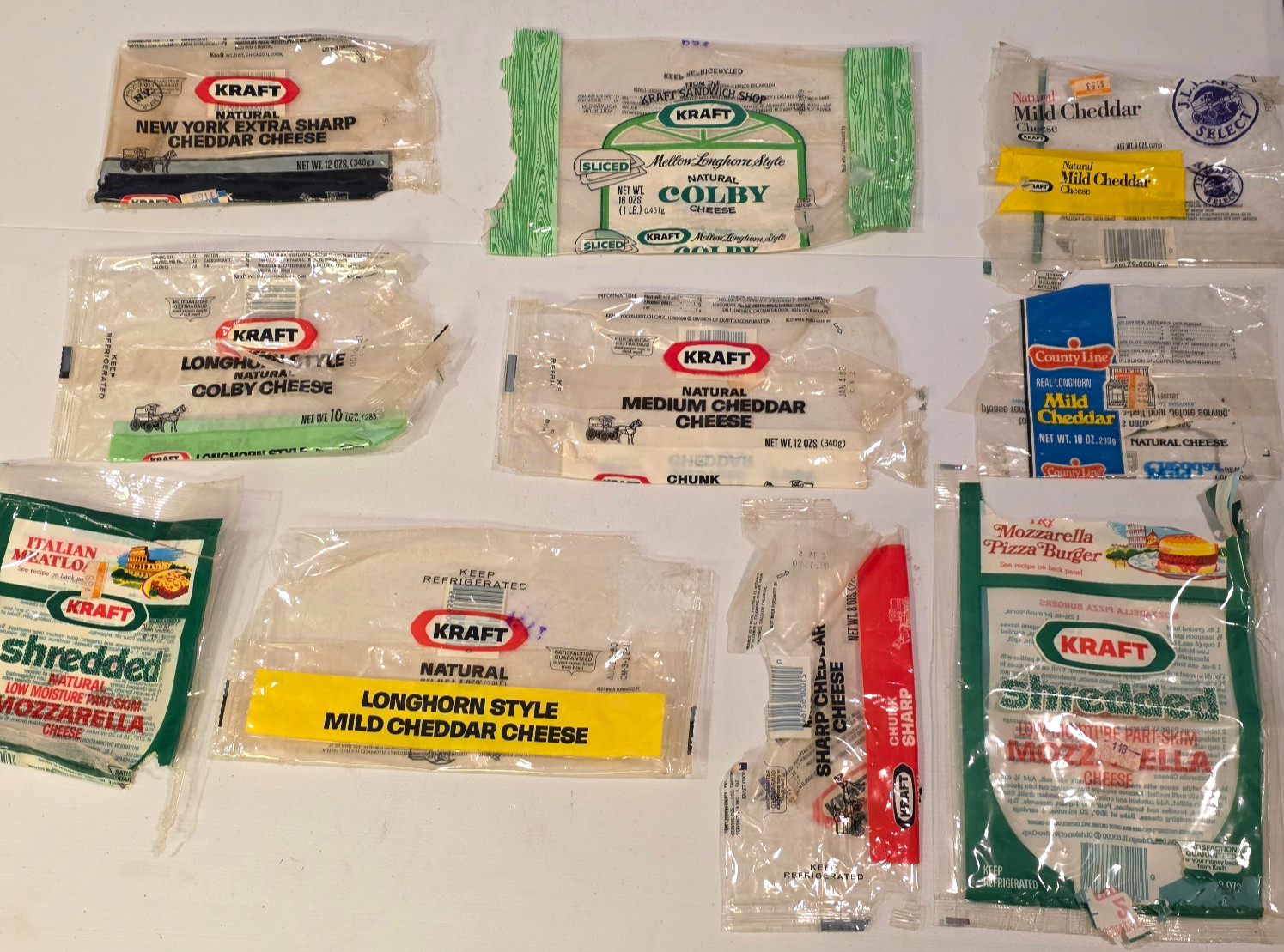 1980s Kraft Shredded Natural Mozzarella & Other Cheese Packages  SOME damage  10