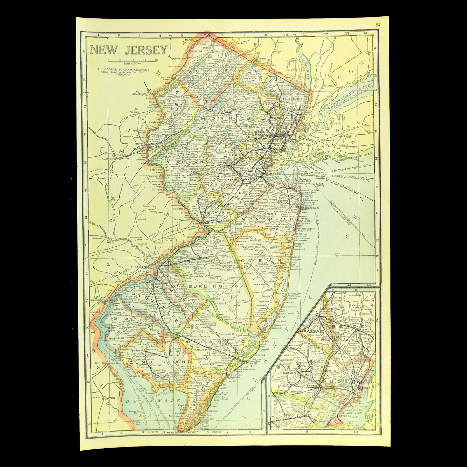 Vintage NEW JERSEY Electric Railway Map Wall Art Old Original 1920s Newark Vintage NEW JERSEY Electric Railway Map Wall Art Old Original 1920s Newark