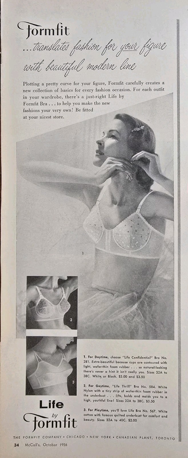 1956 Life By Formfit Bra With Beautiful Modern Line Women\'s Fashion Ad