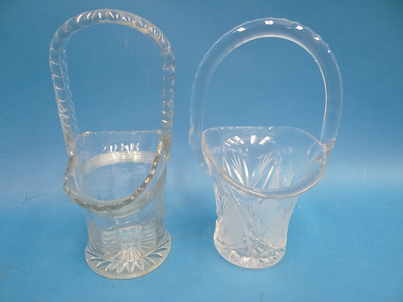 Mixed Lot of Two Cut Etched Glass Unsigned Decorative Baskets Holders Used Old