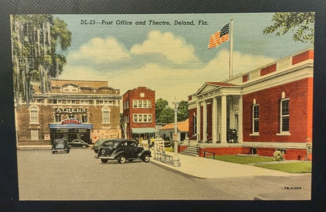 Unused 1947 DeLand Florida Post Office Athens Theater Linen Postcard FL St Scene