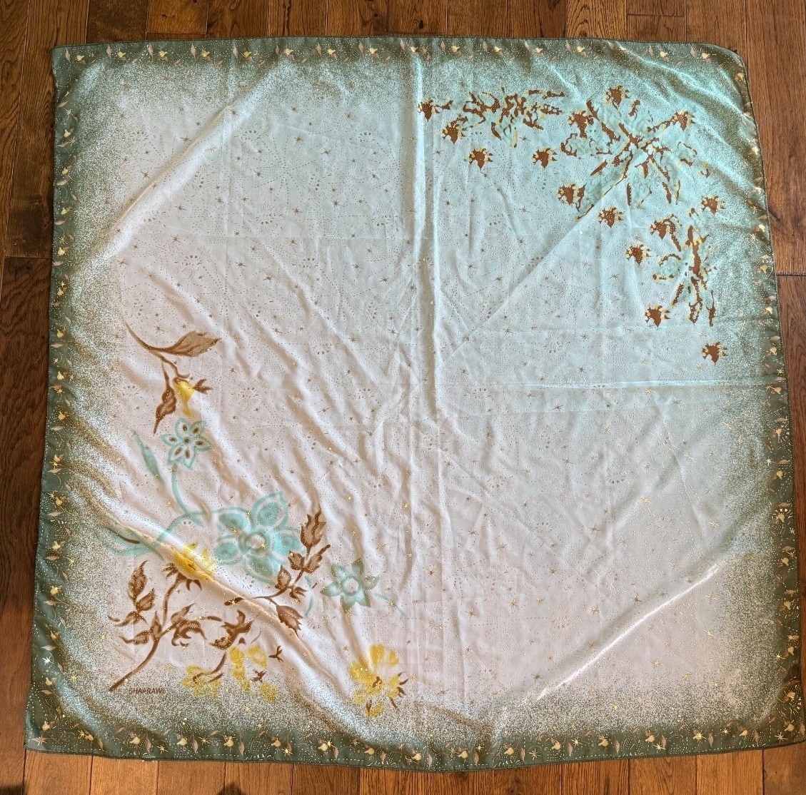 Vintage SHAARAWI Signed 40” Scarf Raised Gold Floral Metallic Square
