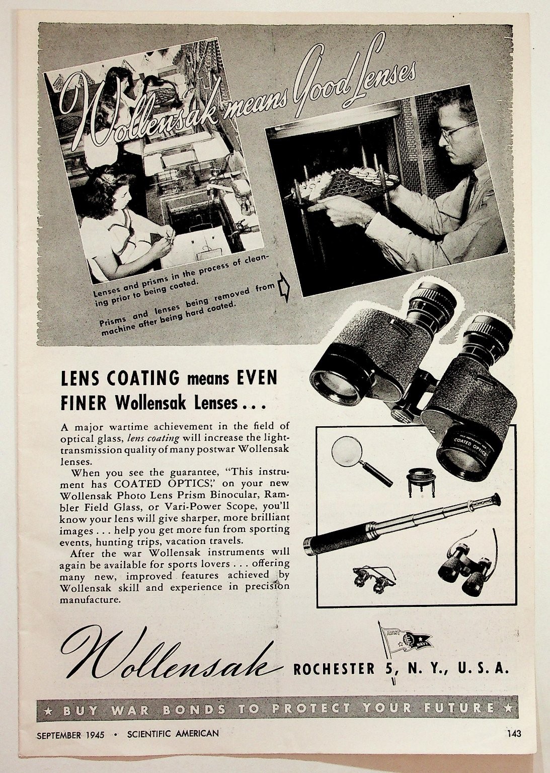 Wollensak 1945 Scientific American Magazine Ad WWII Optics Binoculars