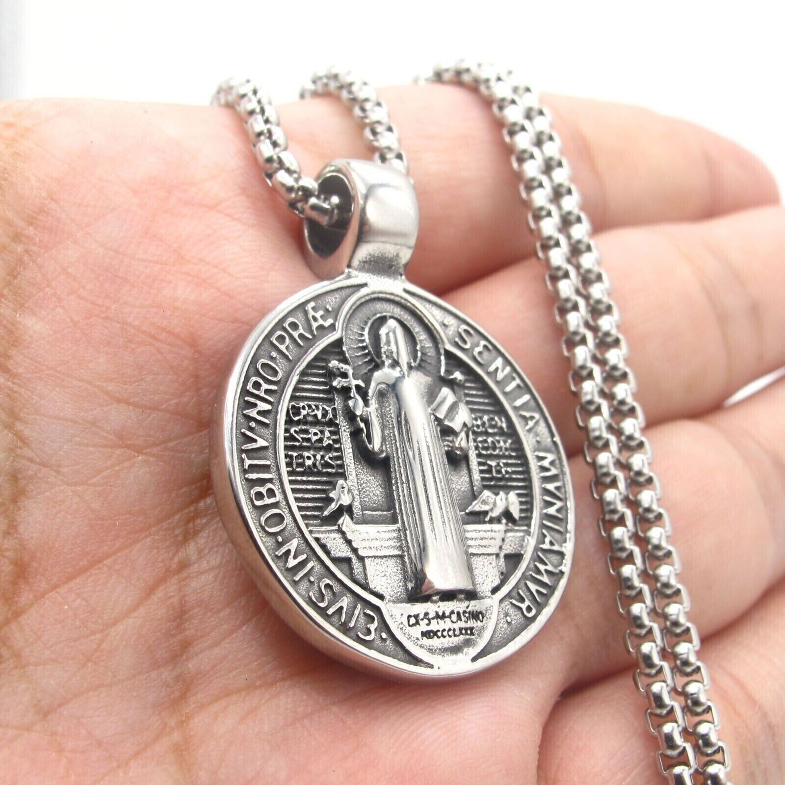 Colgante de San Benito Cadena para Hombre Mujer Collar Medalla  Acero Inoxidable