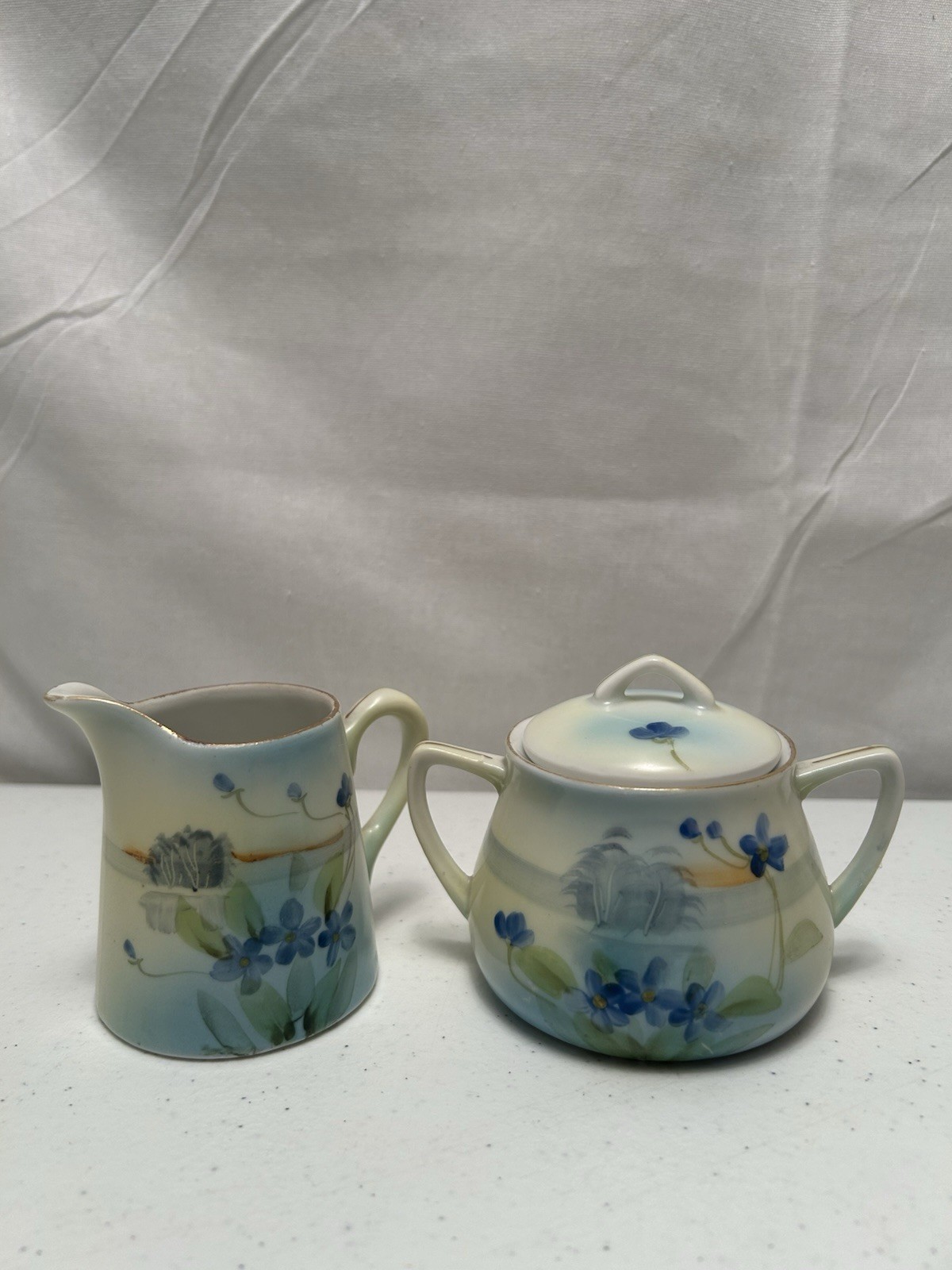Nippon Hand Painted Porcelain Cream & Sugar Set w/Gold Guilding Blue Flowers