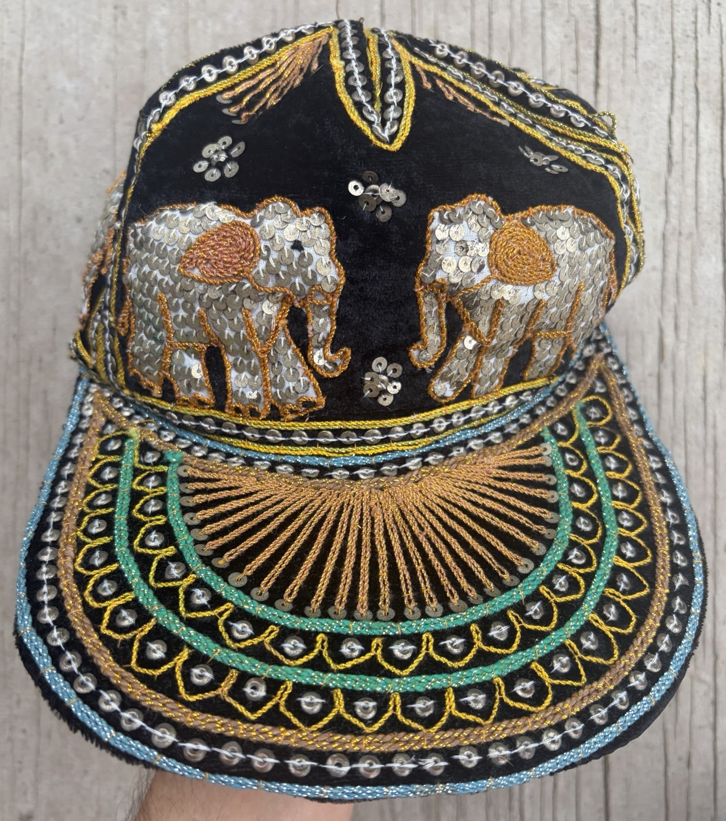 ETHNIC HAND EMBROIDERED ASIAN HAT CAP - ELEPHANTS, BEADS, SEQUINS (BURMA) ETHNIC HAND EMBROIDERED ASIAN HAT CAP - ELEPHANTS, BEADS, SEQUINS (BURMA)