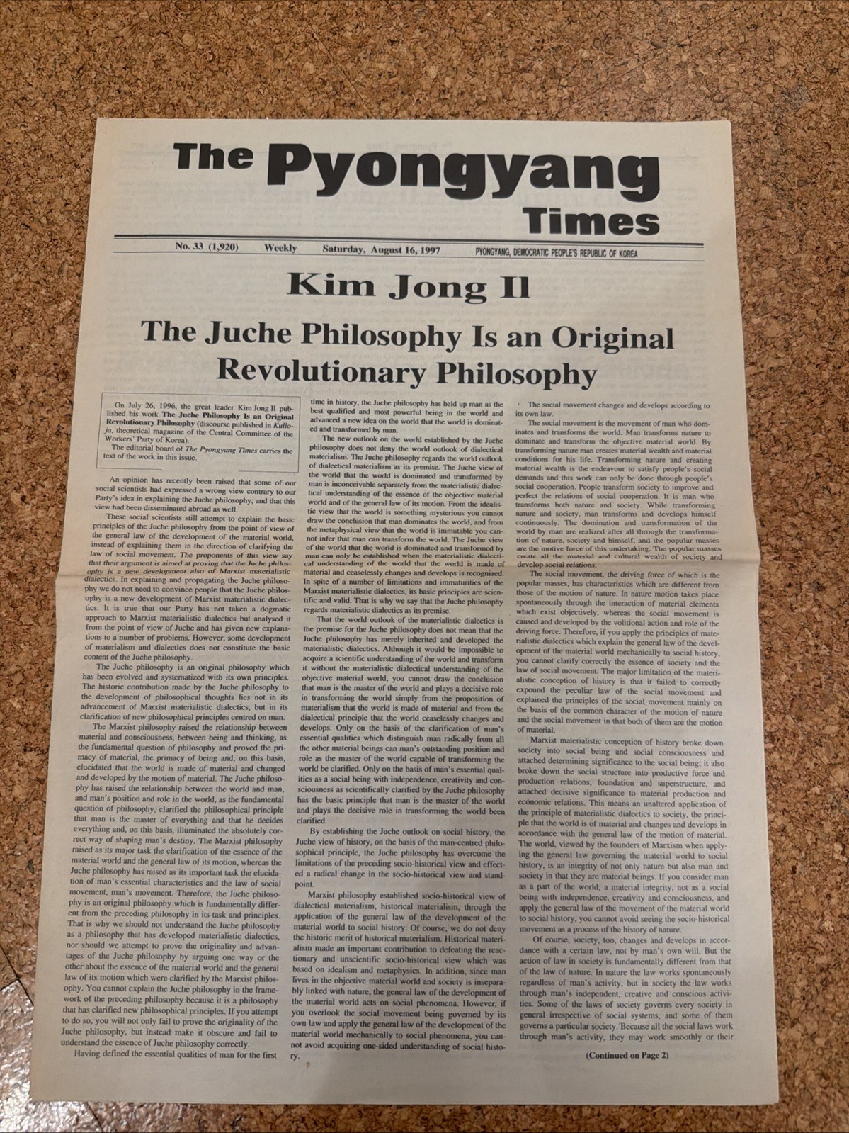 DPRK Pyongyang Times 1997 Kim Jong Il - Original Newspaper