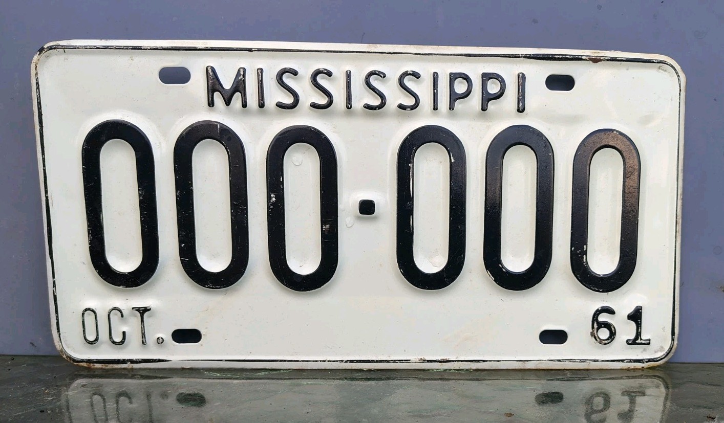 1961 October Mississippi Sample License Plate Black & White 000-000