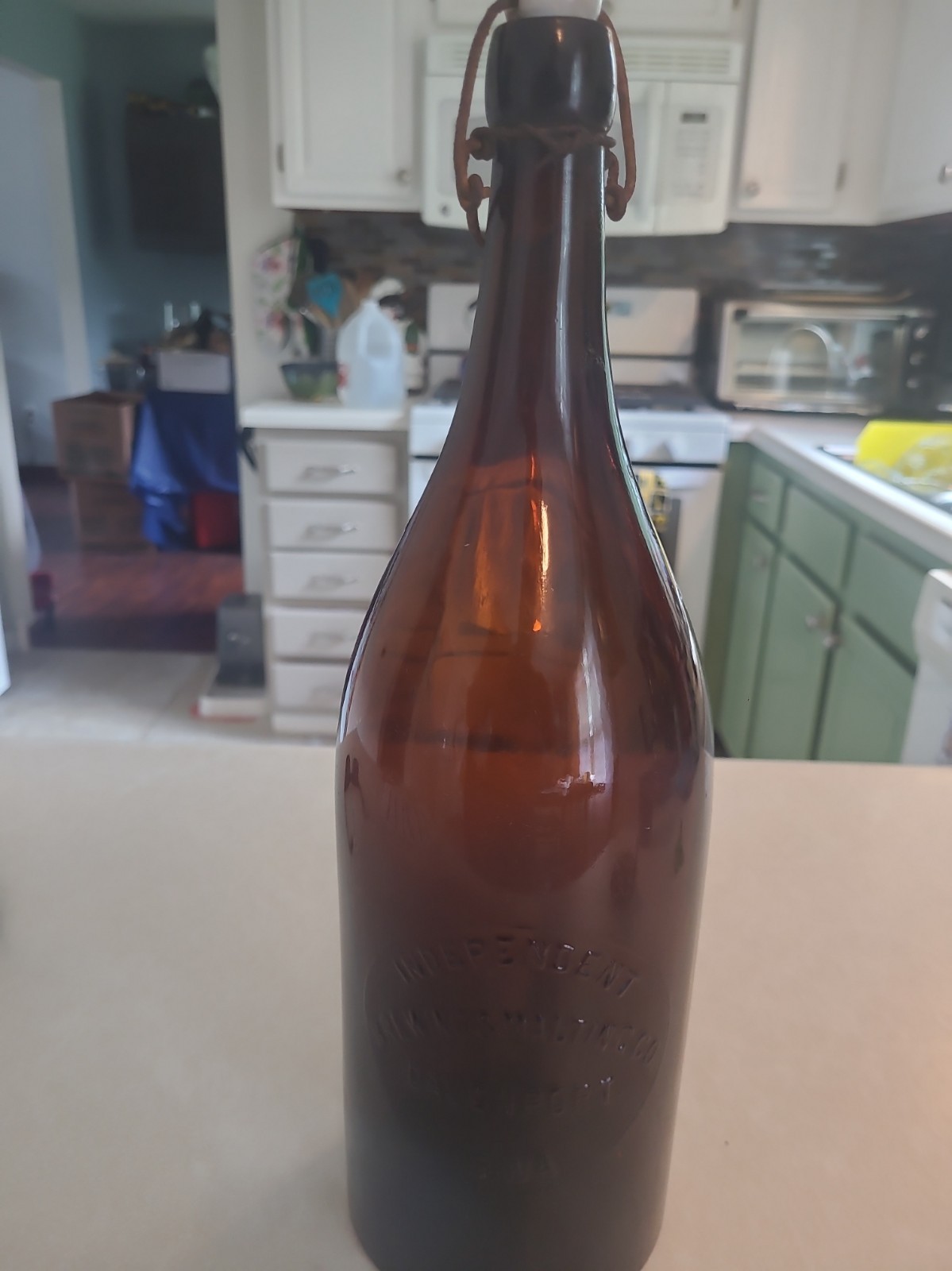 HUGE BEER Bottle EMBOSSED Independent BREWING Malting DAVENPORT IA BLOB 14