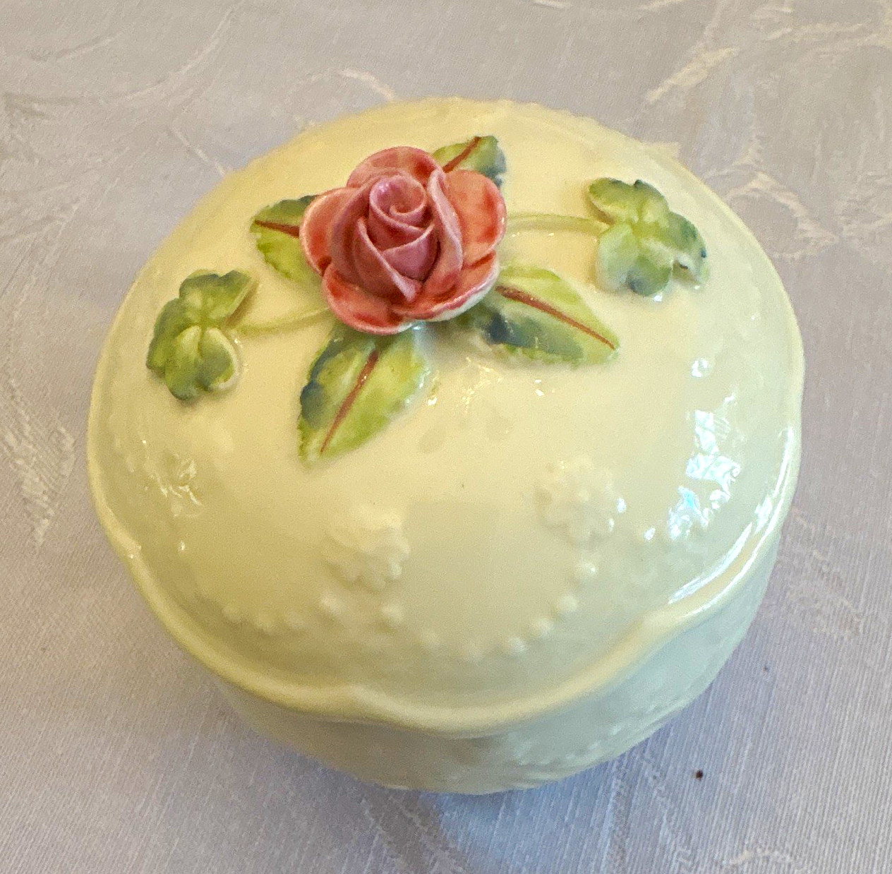 Belleek Ireland Porcelain Trinket Box with Lid, Pink Rose Flower