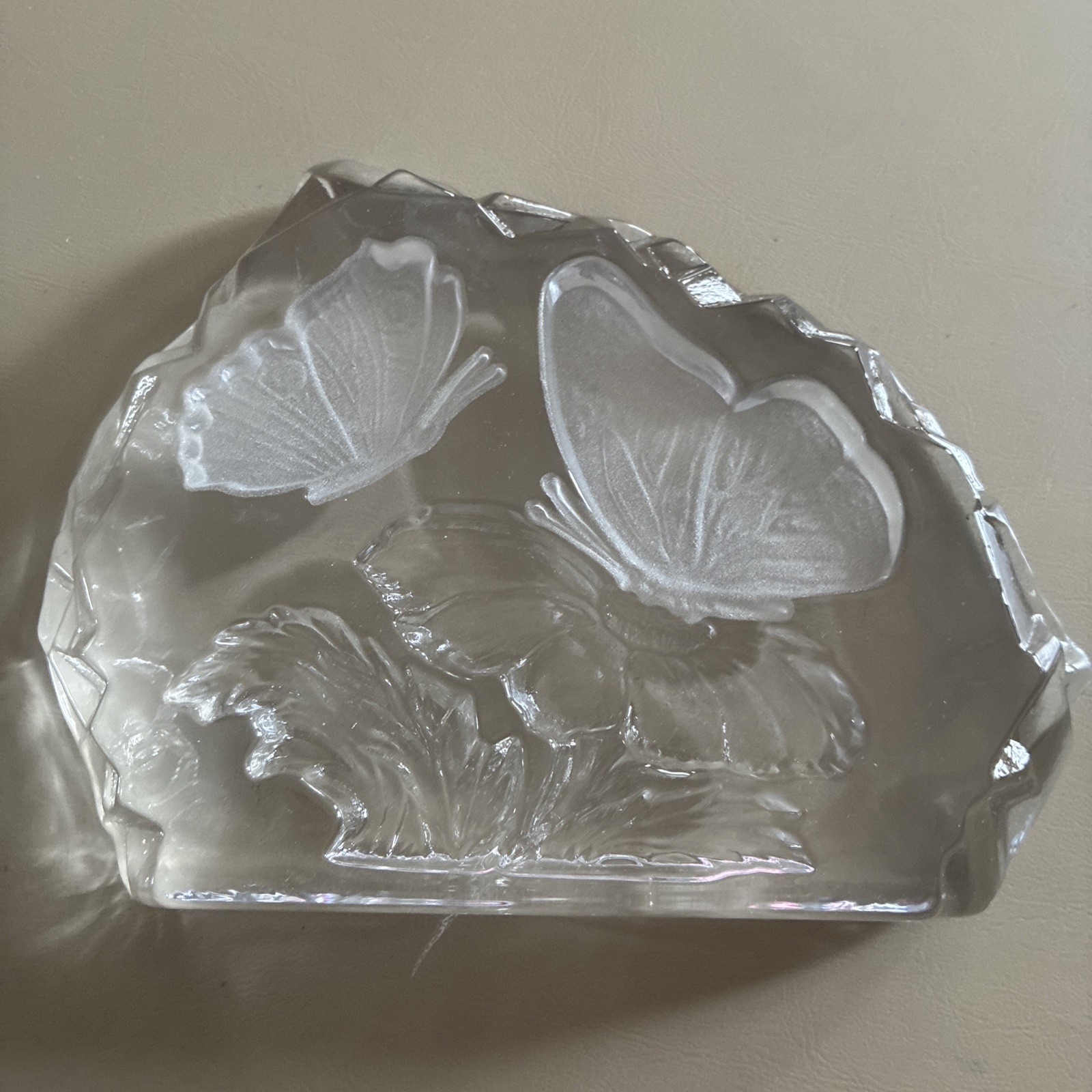 Large Crystal Glass Etched Satin Glass Butterflies Paperweight Decor Artmark