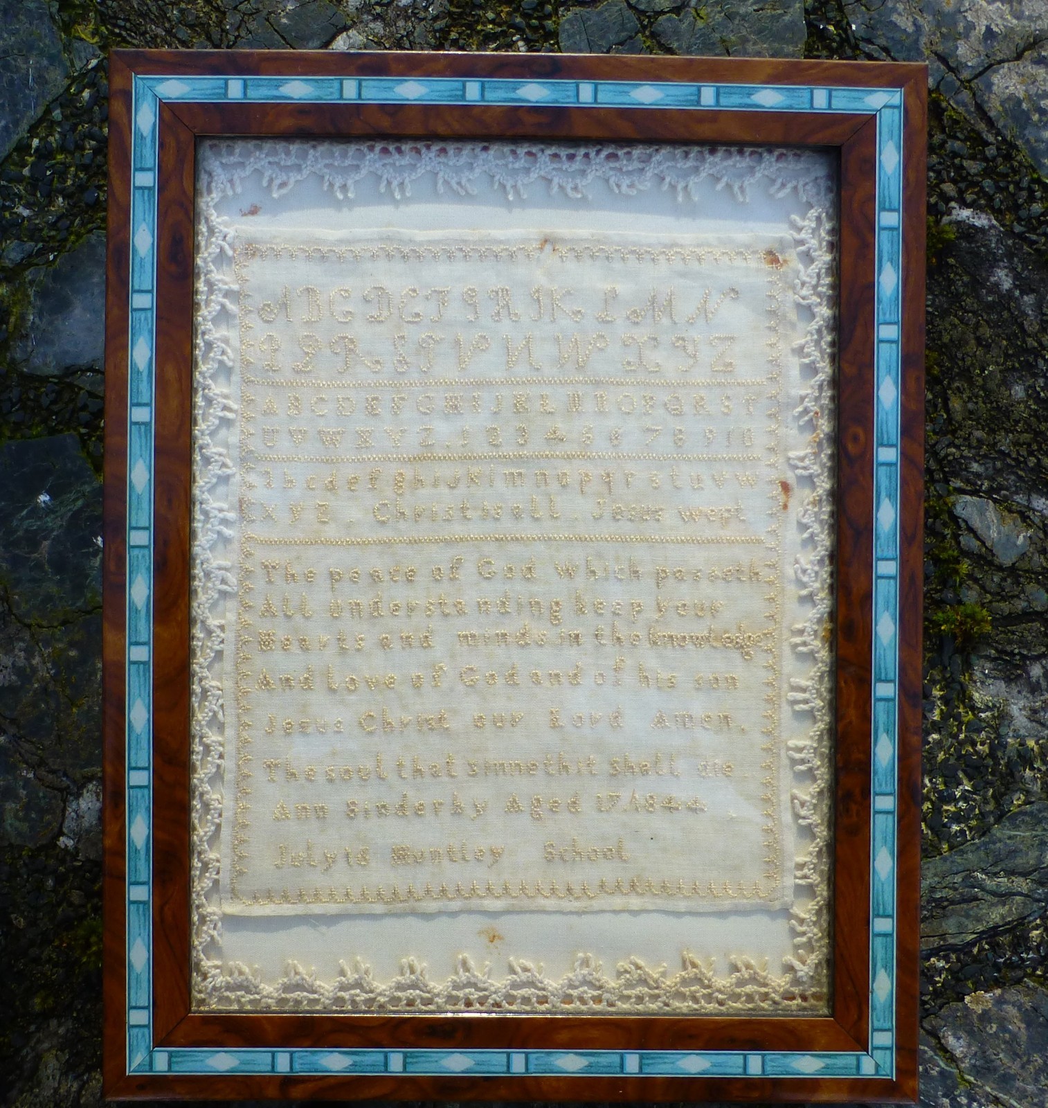 Antique Cross Stitch Fine Verse Sampler Named Ann Sinderby Huntley Dated 1844
