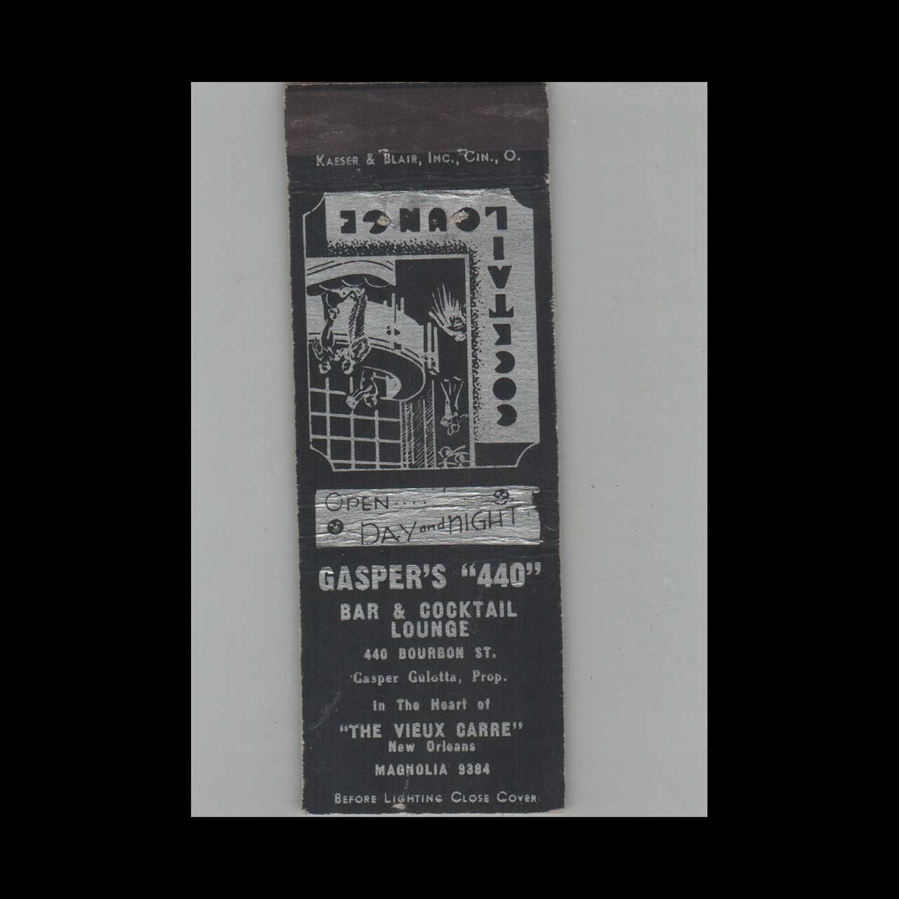 Vintage Matchbook Cover Gasper\'s 440 Bar & Cocktail Lounge New Orleans LA